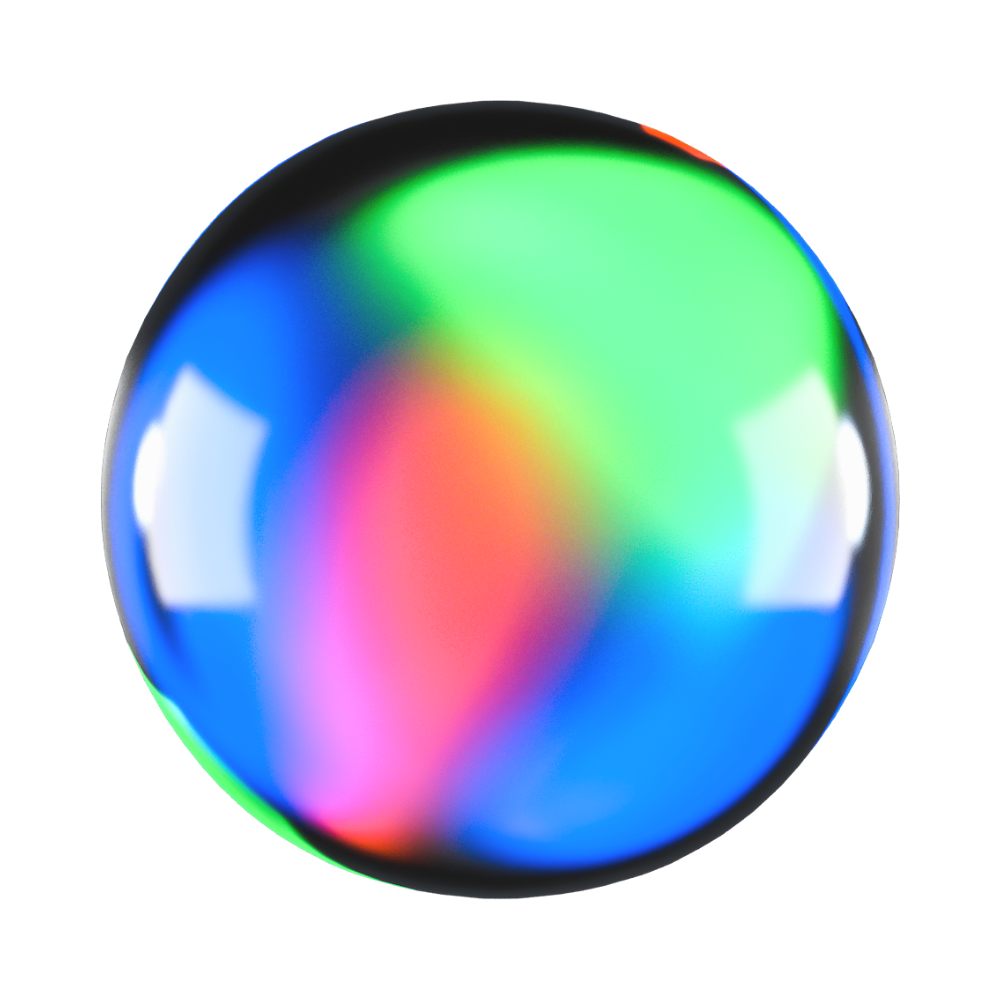 Glossy sphere with gradient color spectrum transitioning from blue and pink in center to green and cyan at edges, featuring reflective highlights